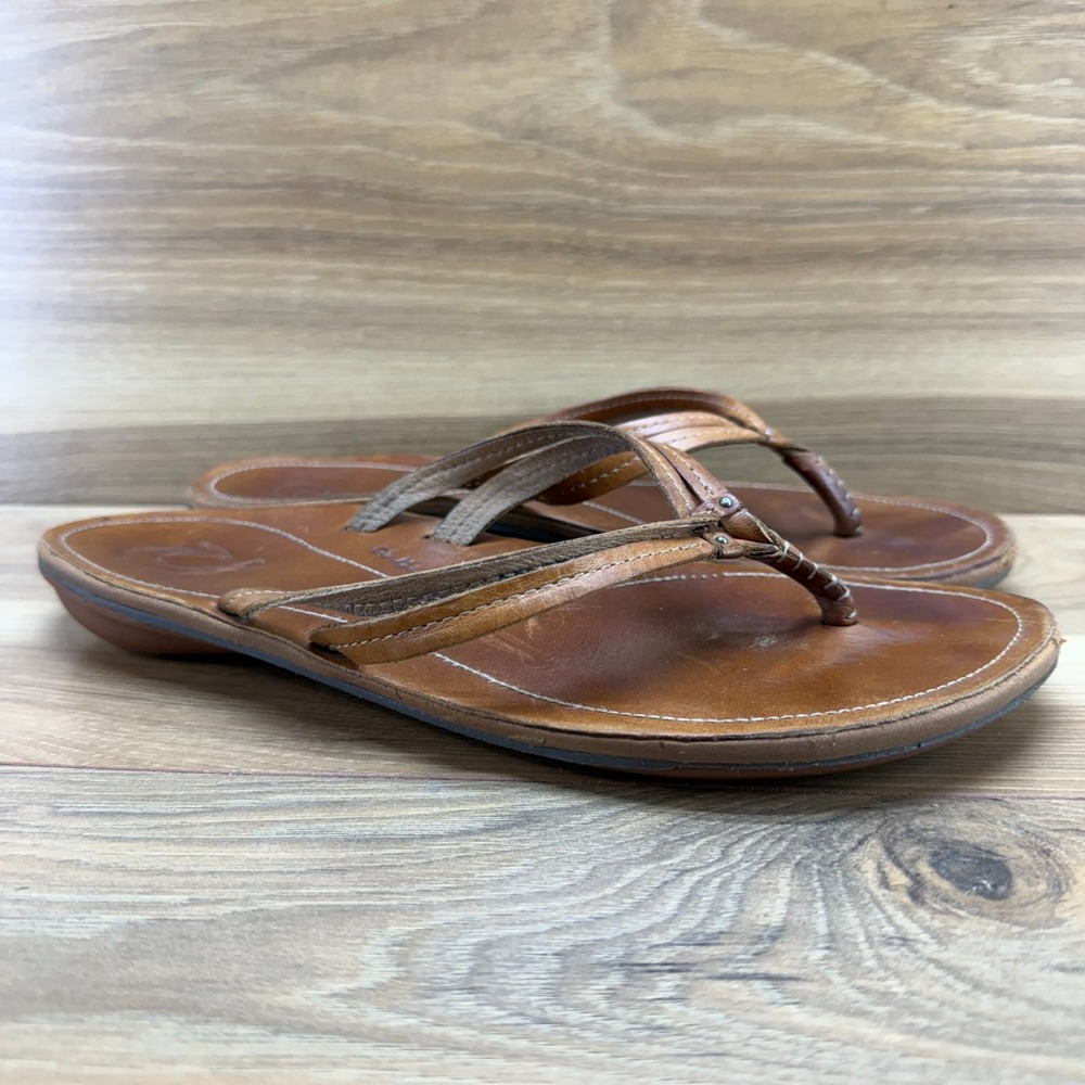 Olukai Kapehe Luana Flip Flops Womens 11 Cognac Leather Thong Sandals - Picture 2 of 10